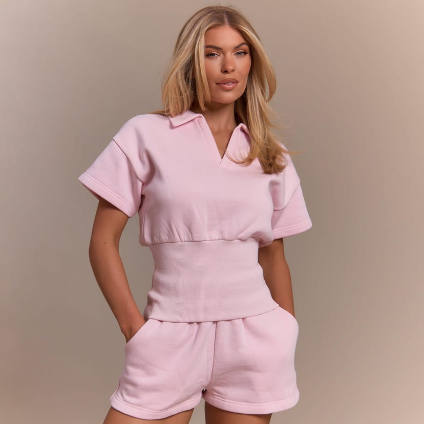 EGO Short Sleeve V Neck Cinched Waist Collared Sweatshirt In Pink, Women's Size UK 6 - 1