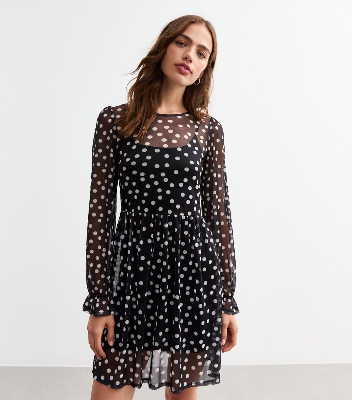 New Look Women's Black Polka Dot Mesh Long Sleeve Mini Smock Dress New Look