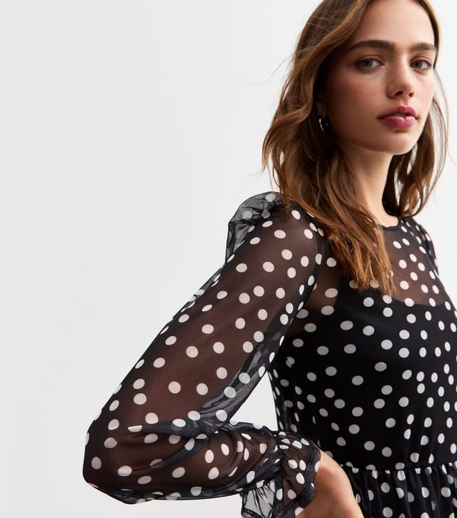 New Look Women's Black Polka Dot Mesh Long Sleeve Mini Smock Dress New Look - 2