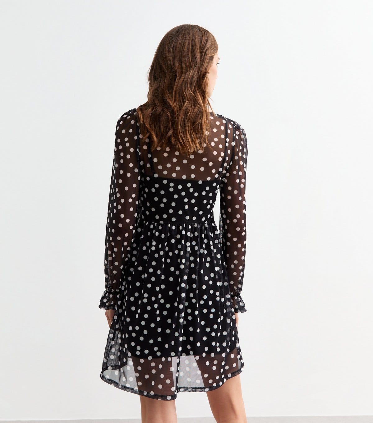 New Look Women's Black Polka Dot Mesh Long Sleeve Mini Smock Dress New Look - 4