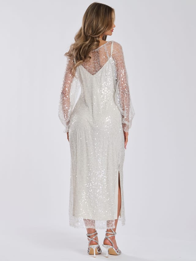Finding Friday Finding Friday Women's Sheer Open Sleeve Sequin Dress in Ivory - 3