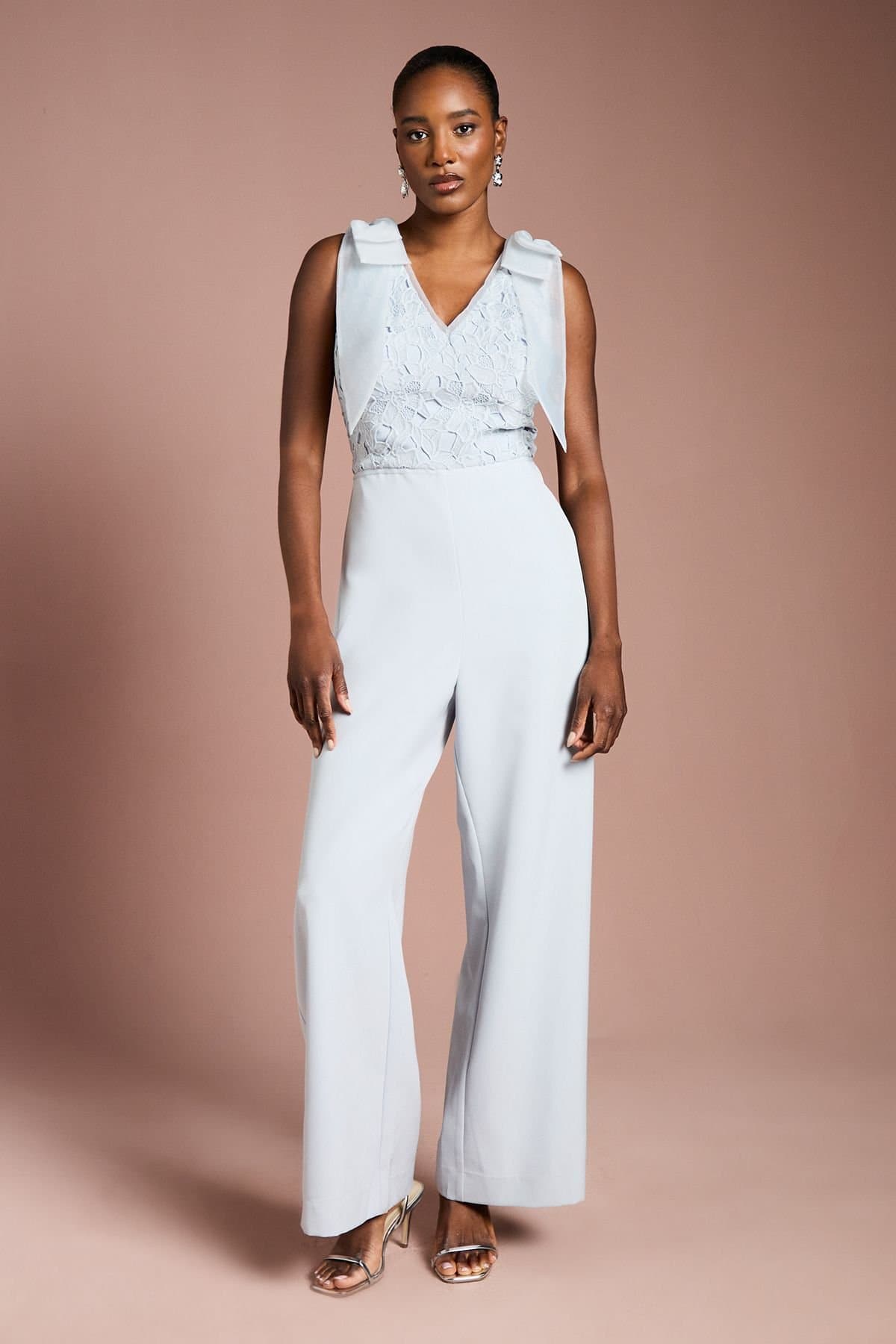 Coast Coast Women's Bow Shoulder Lace Jumpsuit in Light Blue