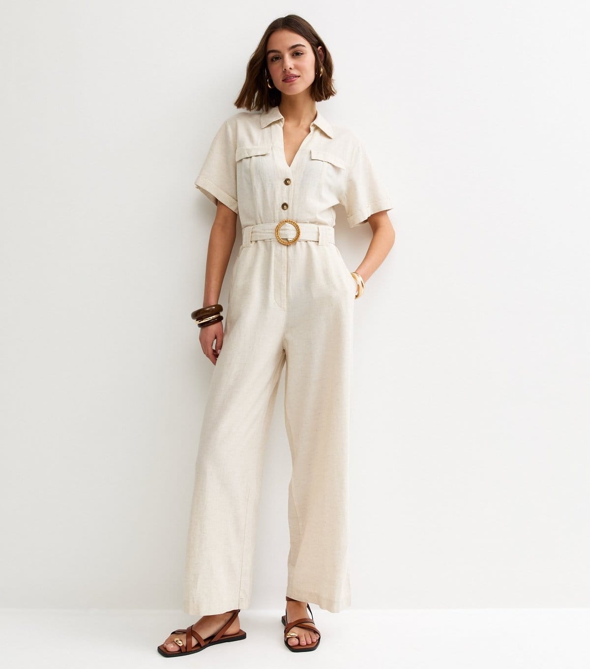 Women's Stone Short Sleeve Belted Jumpsuit New Look