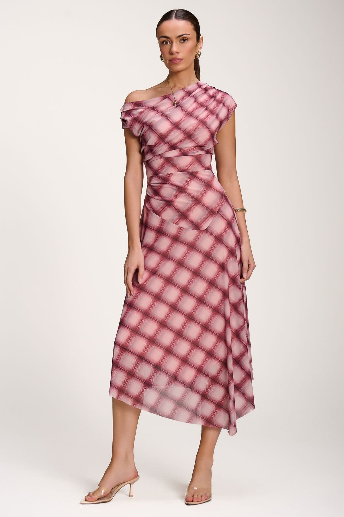 Jolie Moi Jolie Moi Women's Asymmetric Draped Mesh Dress in Dark Pink
