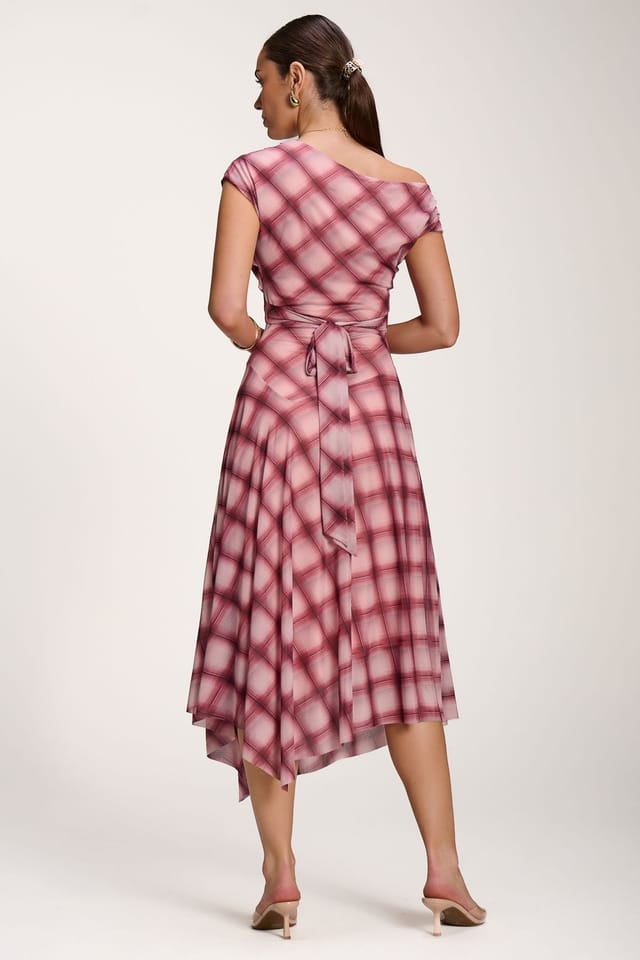 Jolie Moi Jolie Moi Women's Asymmetric Draped Mesh Dress in Dark Pink - 2