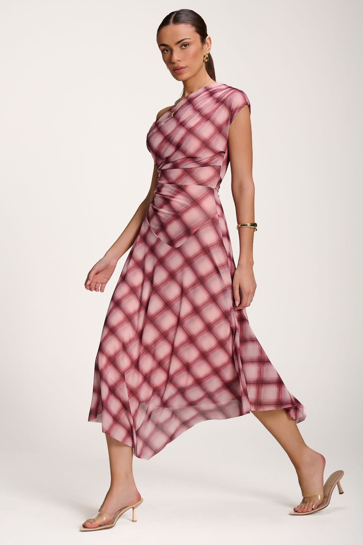 Jolie Moi Jolie Moi Women's Asymmetric Draped Mesh Dress in Dark Pink - 4