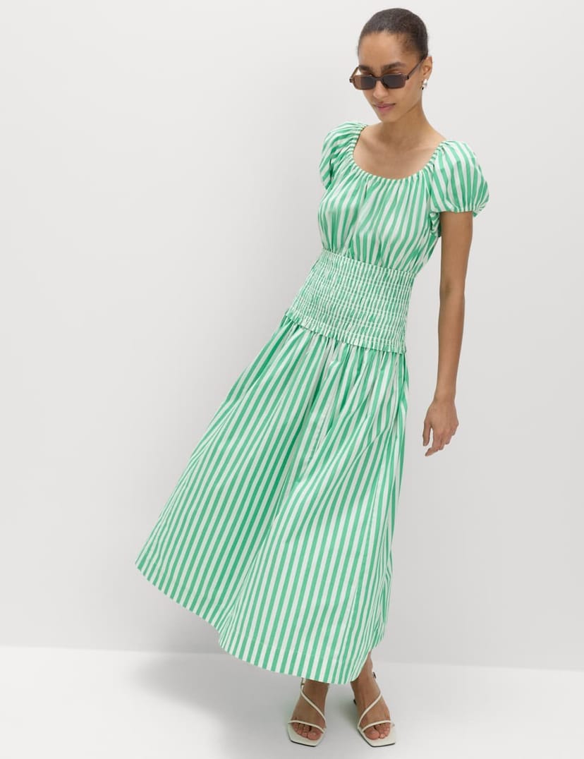 Marks & Spencer M&S Pure Cotton Striped Scoop Neck Midi Waisted Dress Green Mix - 1