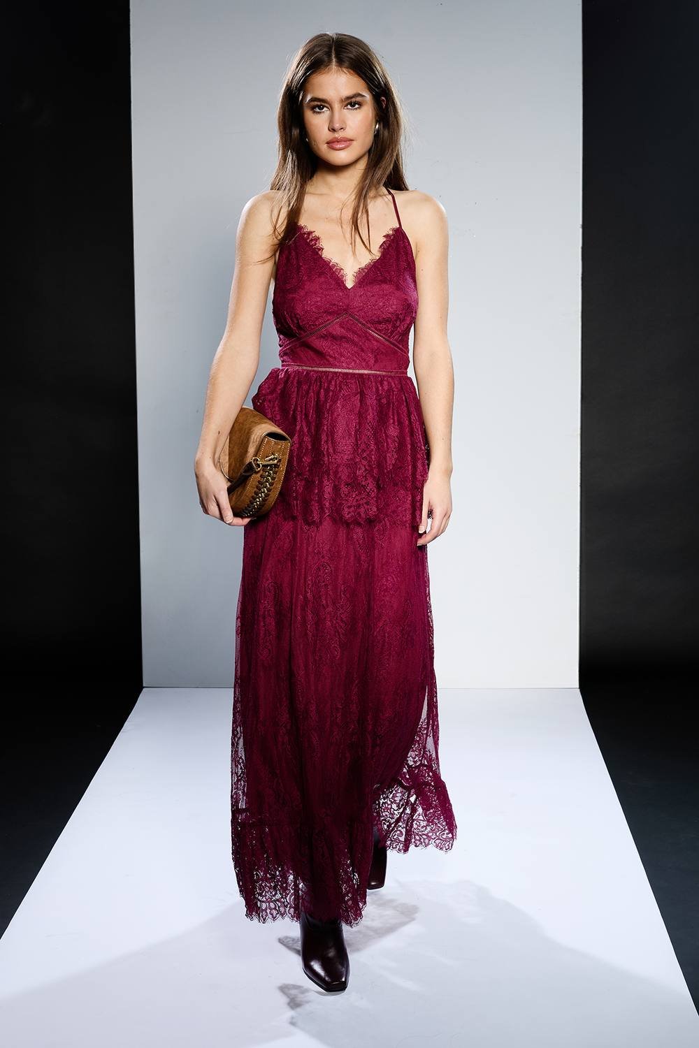 RUNWAY 1.8.1.8 RUNWAY 1.8.1.8 Women's Strappy Lace Peplum Maxi Dress in Cherry - 2