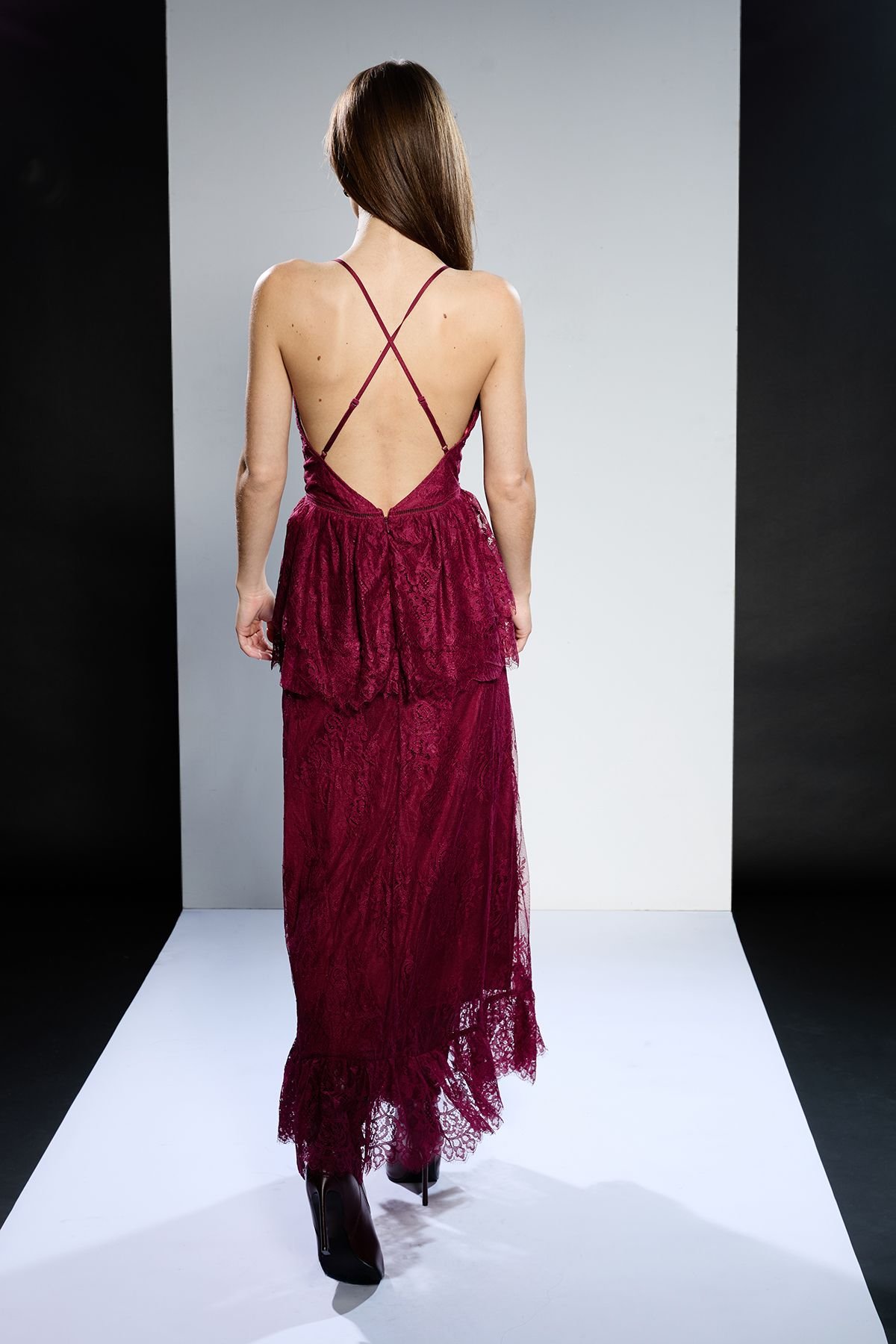 RUNWAY 1.8.1.8 RUNWAY 1.8.1.8 Women's Strappy Lace Peplum Maxi Dress in Cherry - 3
