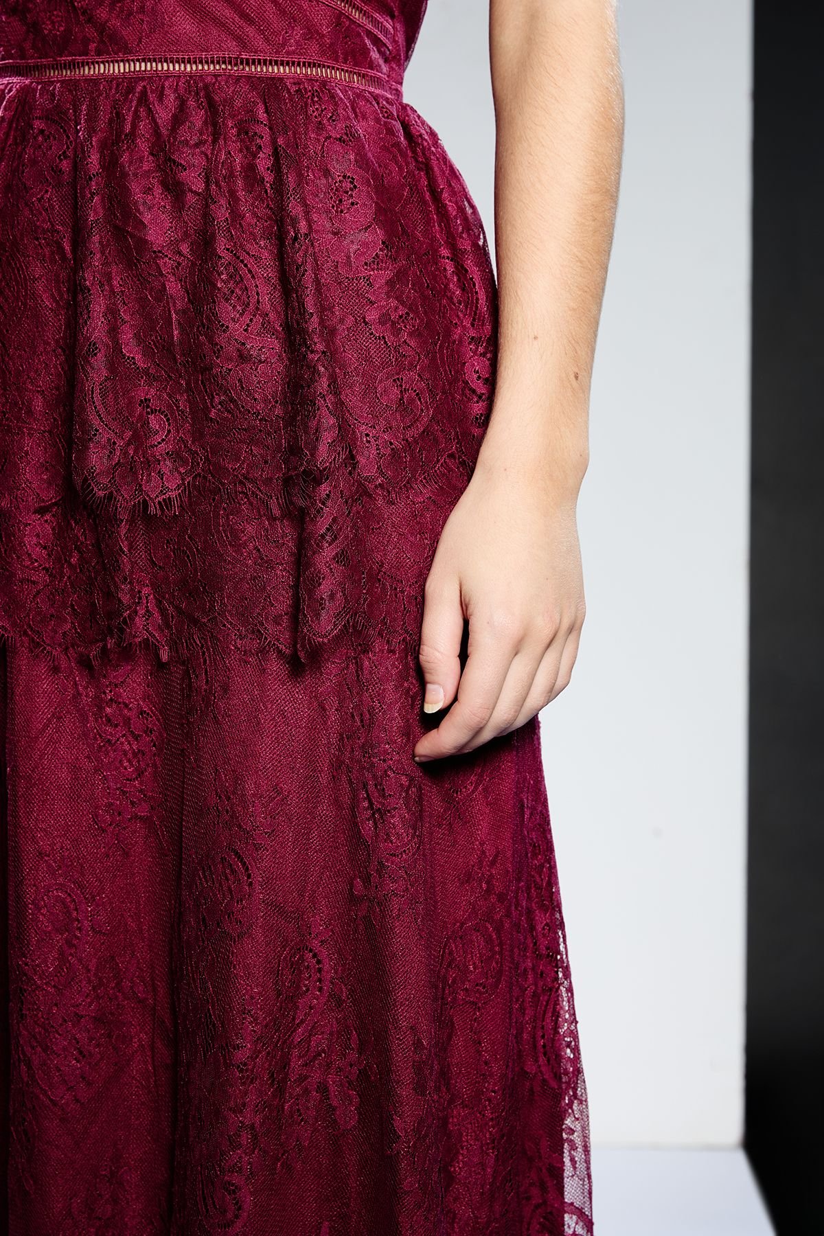 RUNWAY 1.8.1.8 RUNWAY 1.8.1.8 Women's Strappy Lace Peplum Maxi Dress in Cherry - 4