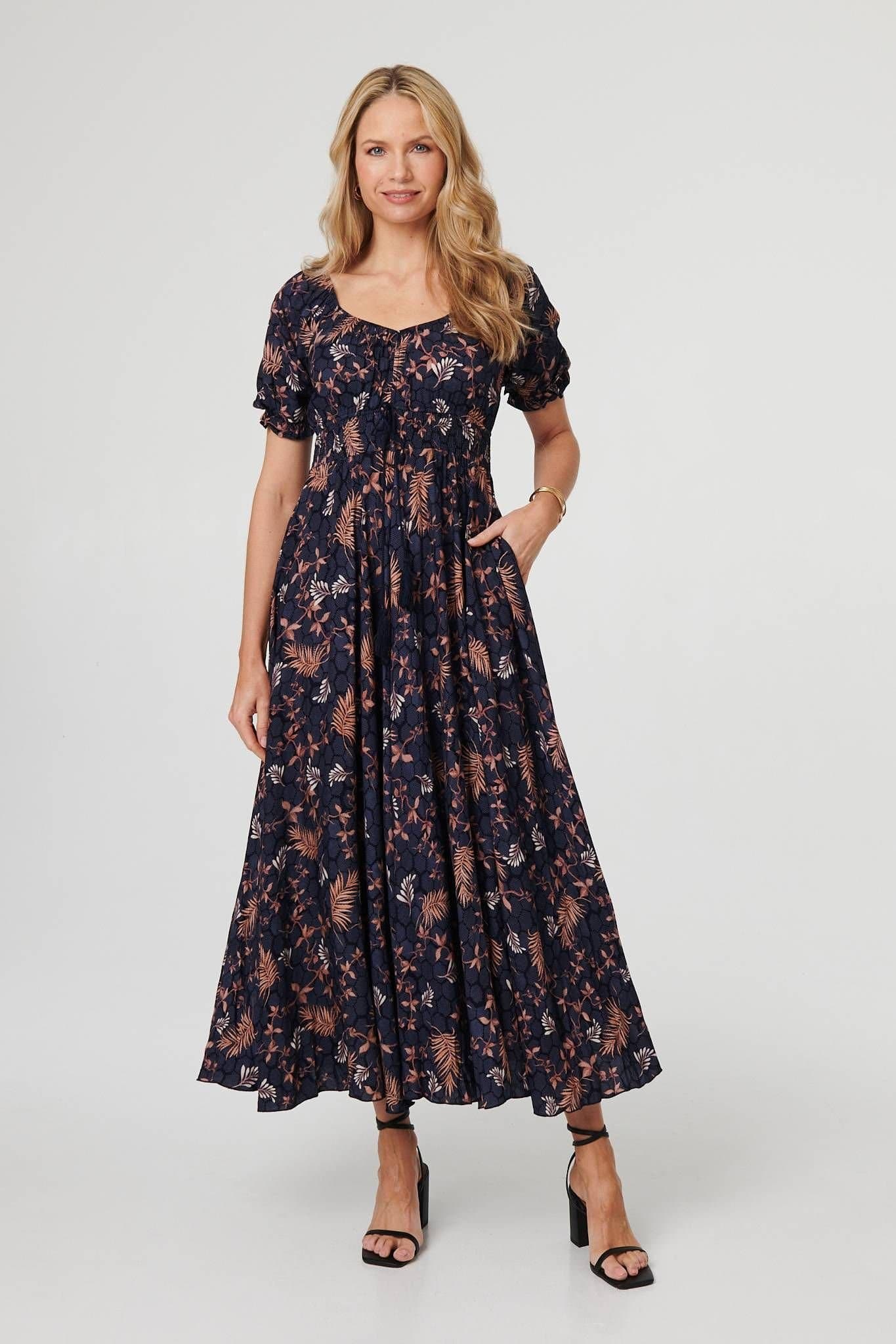 Izabel London Izabel London Women's Leaf Print Short Puff Sleeve Maxi Dress in Navy
