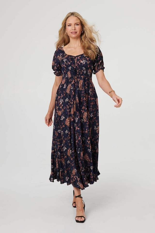 Izabel London Izabel London Women's Leaf Print Short Puff Sleeve Maxi Dress in Navy - 2