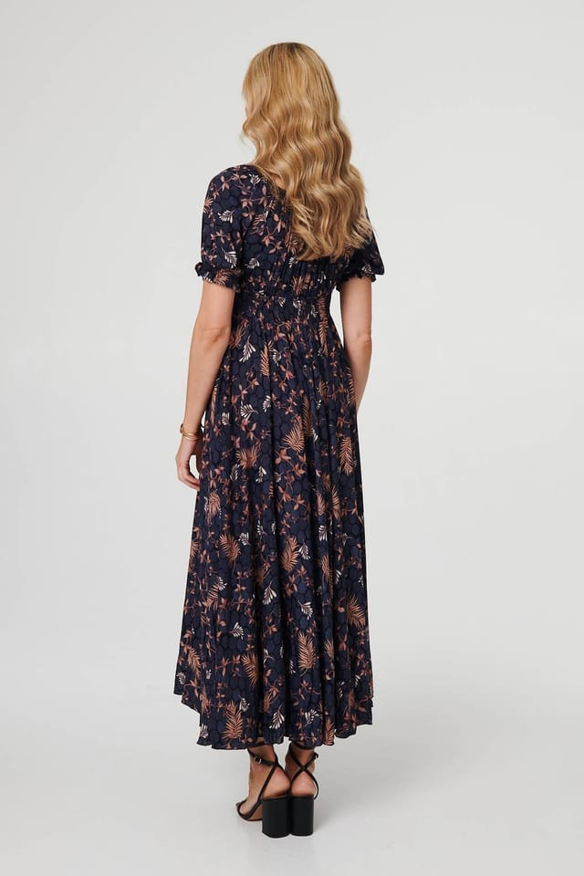 Izabel London Izabel London Women's Leaf Print Short Puff Sleeve Maxi Dress in Navy - 3
