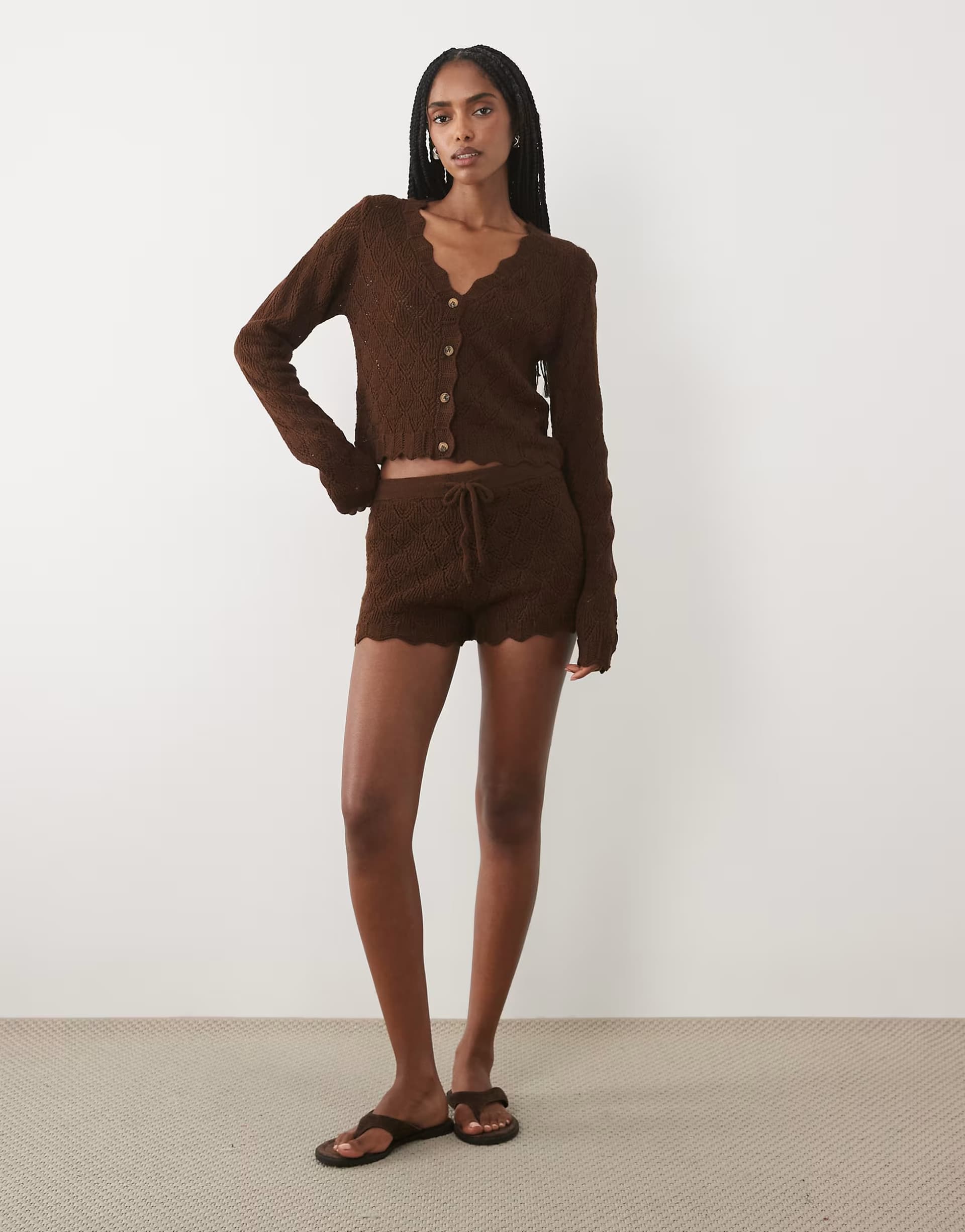 ASOS Miss Selfridge crochet knitted shorts co-ord in chocolate brown