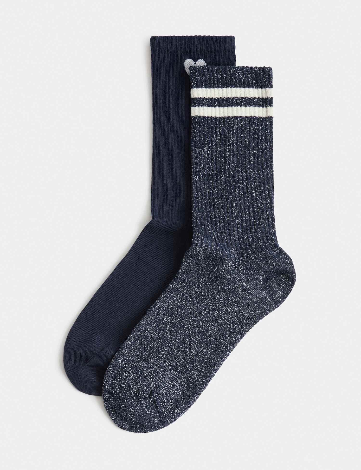 Marks & Spencer M&S 2 Pack Cotton Rich Sparkle Patterned Crew Socks Navy Mix