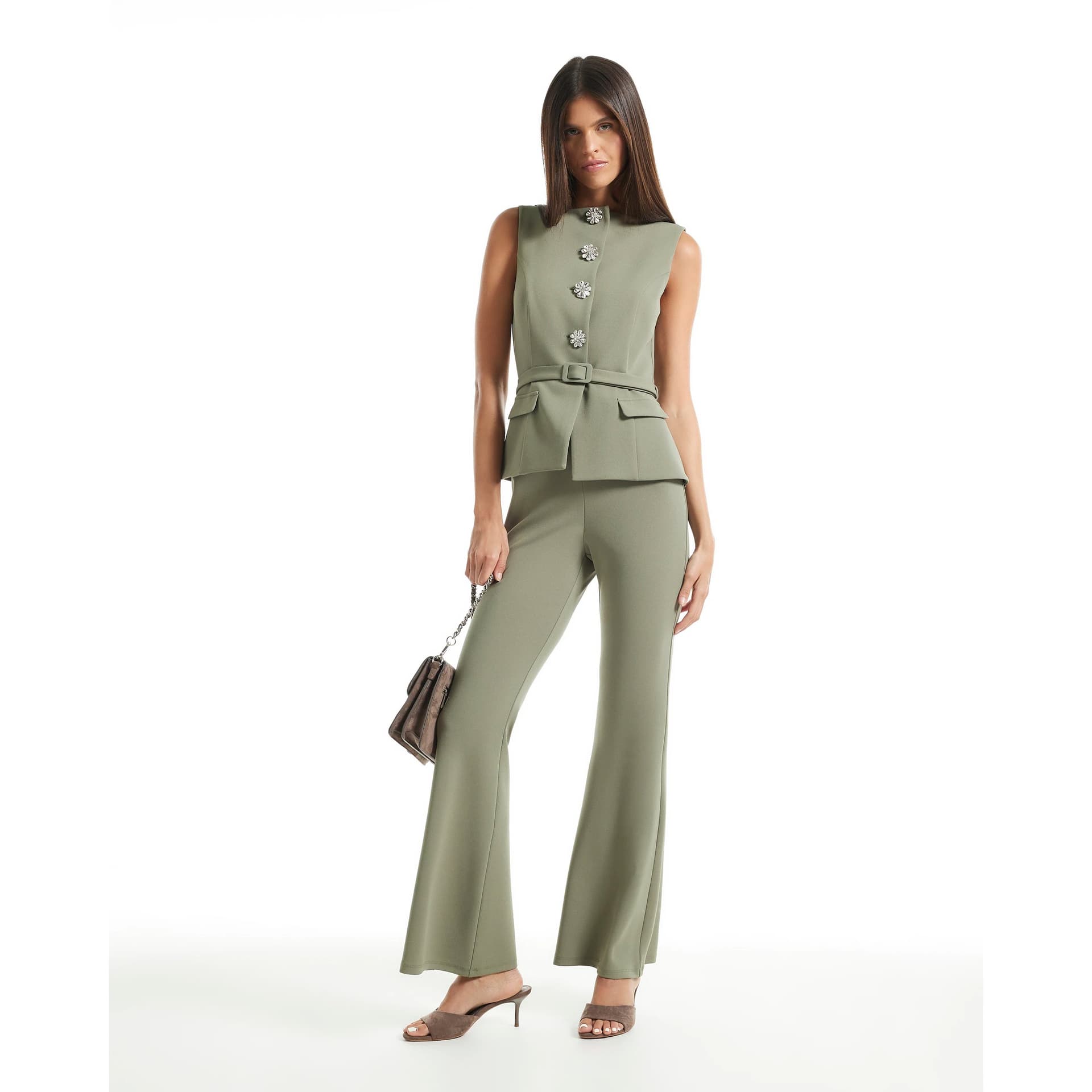 River Island River Island Womens Green Sleeveless Diamante Button Jumpsuit