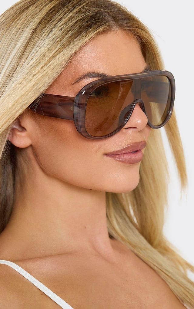 EGO Oversized Thick Frame Tinted Lense Aviator Sunglasses In Grey, Women's Size UK 0 - 2