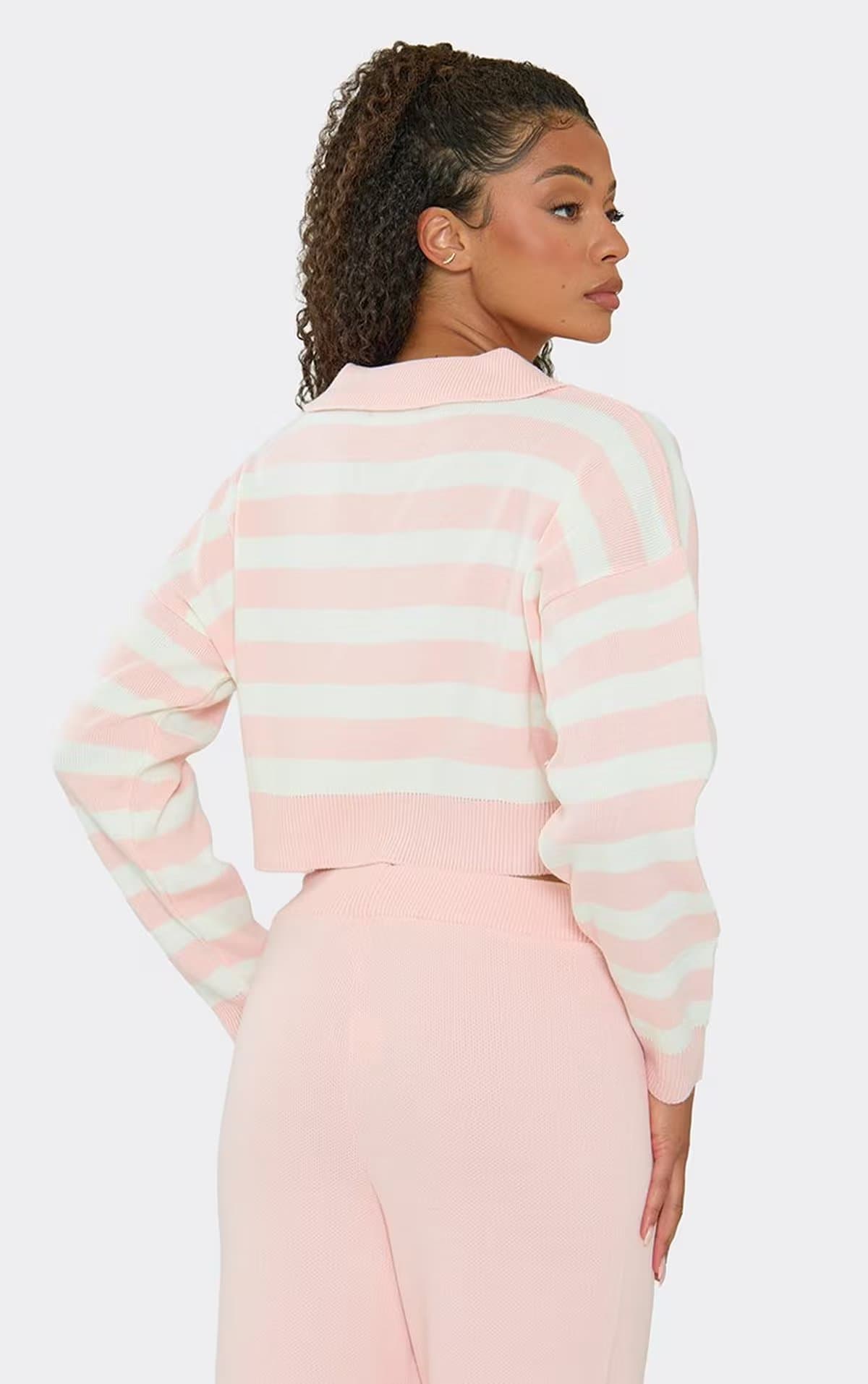 EGO Long Sleeve V Neck Cropped Polo Jumper In Pink And Cream Stripe Knit, Women's Size UK S