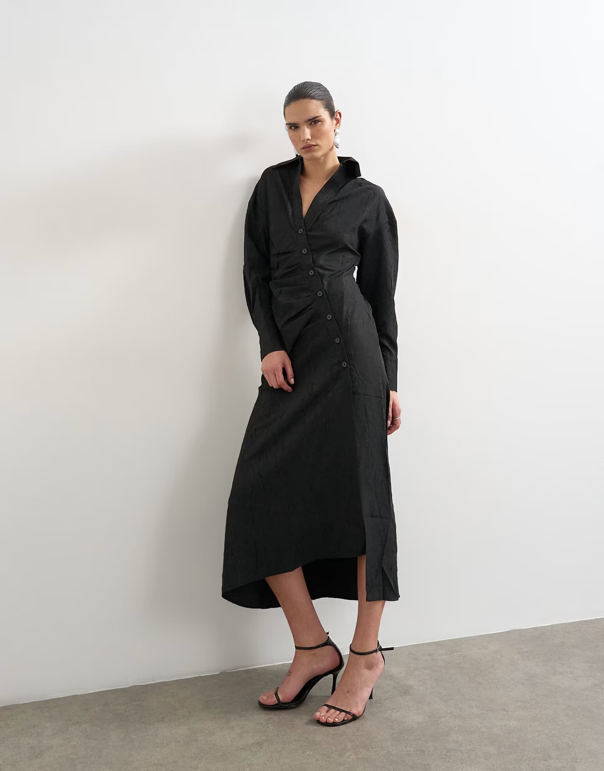 ASOS Topshop open collar ruched long sleeve midi shirt dress in black