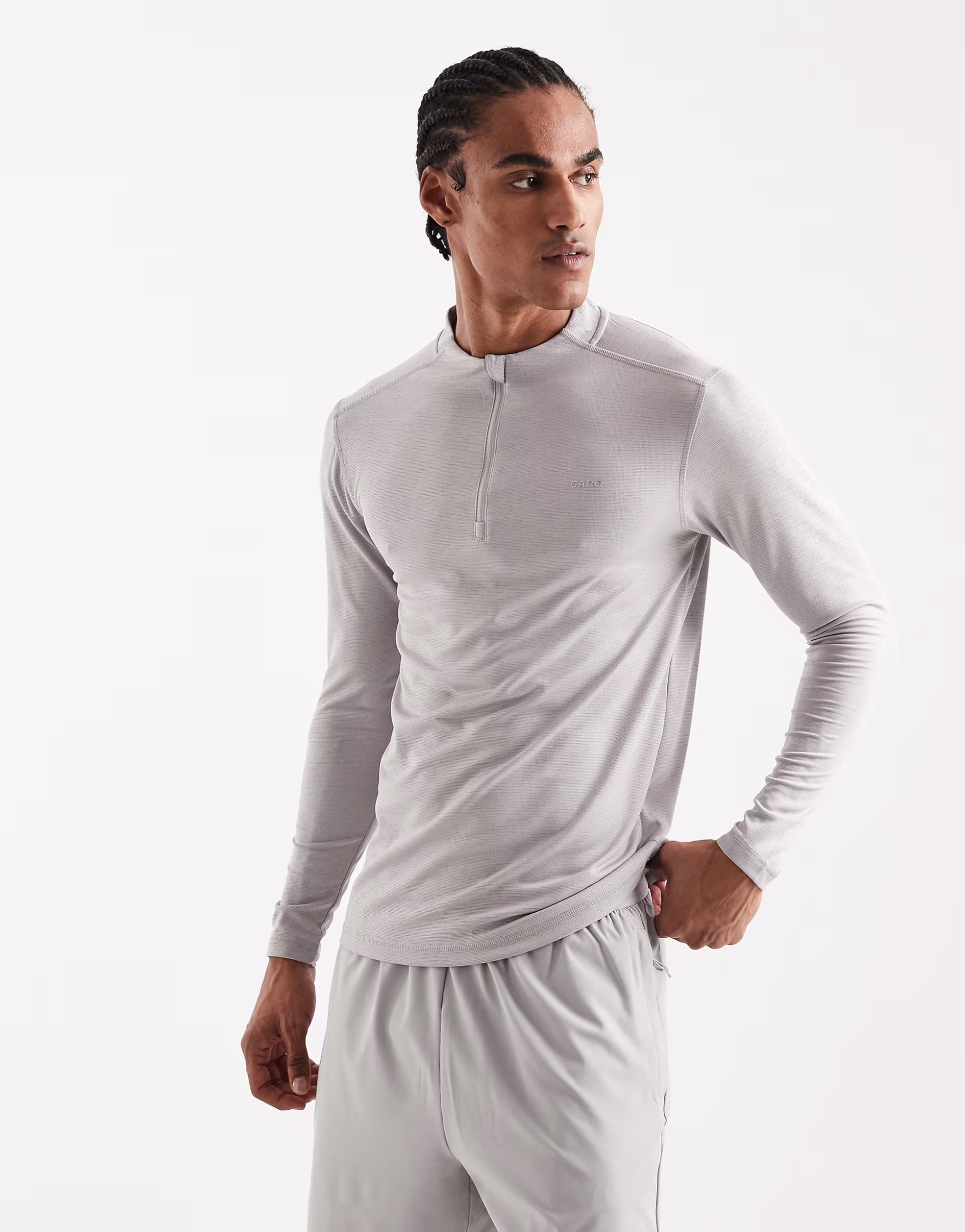 ASOS CAPO active core quarter zip long sleeve t-shirt in light grey - 1