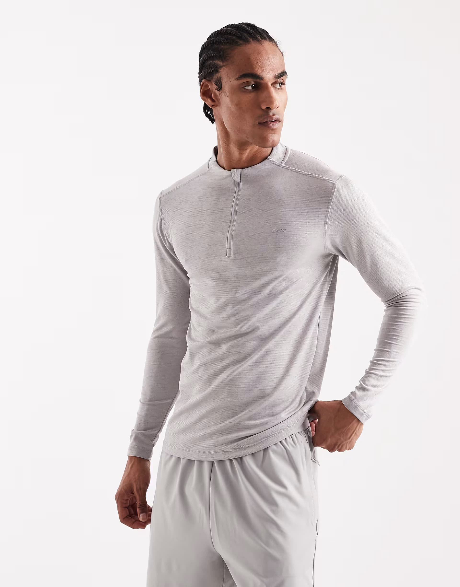 ASOS CAPO active core quarter zip long sleeve t-shirt in light grey