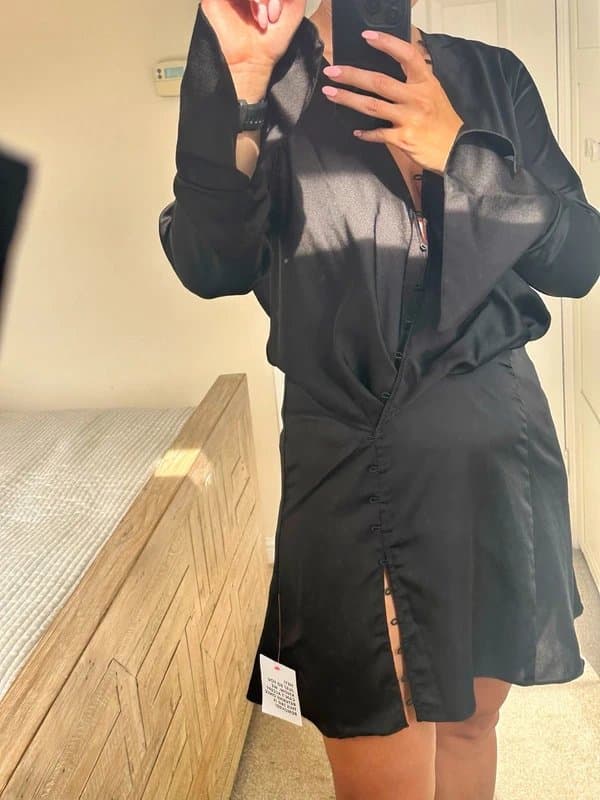 ASOS Black Satin Button Front Mini Dress UK10 NWT Long Sleeve Party Dress