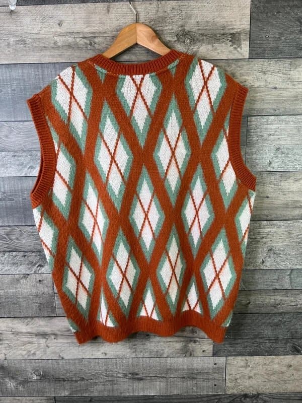 ASOS ASOS Design Mens Sweater Vest Tank Size Medium Brown Green Argyle Check Knit Sleeveless Jumper