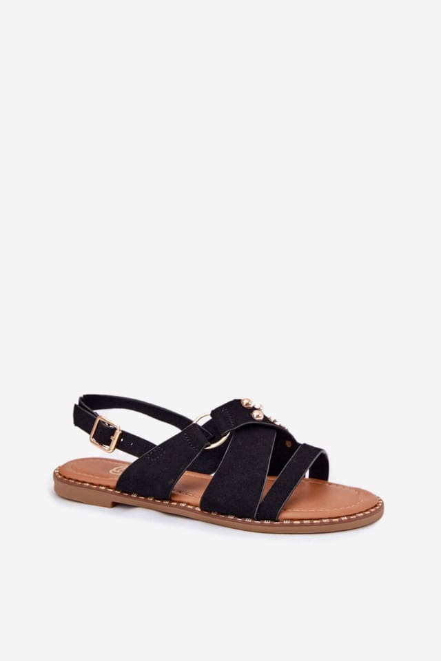 Love Lace Love Lace Women's Faux Suede Flat Sandals with Gold Studs & Buckle Strap in Black - 2
