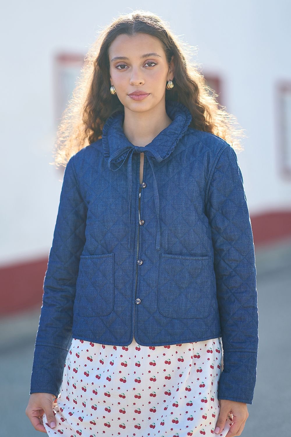 Yumi Yumi Women's Blue Chambray Quilted Jacket With Cherry Lining - 1