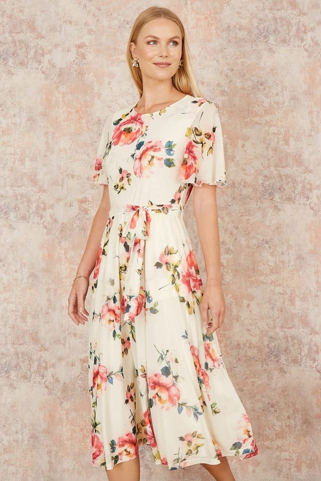 Yumi Yumi Women's Ivory Mesh Floral Print Midi Dress With Angel Sleeves - 2