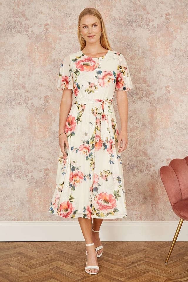 Yumi Yumi Women's Ivory Mesh Floral Print Midi Dress With Angel Sleeves - 3