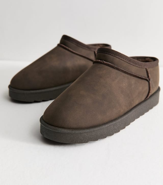 New Look Women's Dark Brown Faux Suede Low Top Sherpa Lined Slipper Boots Vegan New Look - 3