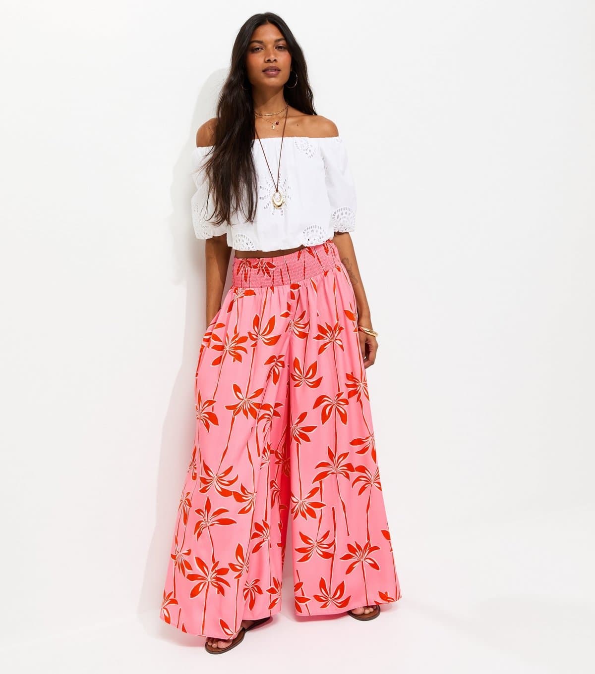 New Look Women's Pink Crepe Palm Tree Print Palazzo Trousers New Look