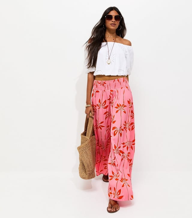 New Look Women's Pink Crepe Palm Tree Print Palazzo Trousers New Look - 2