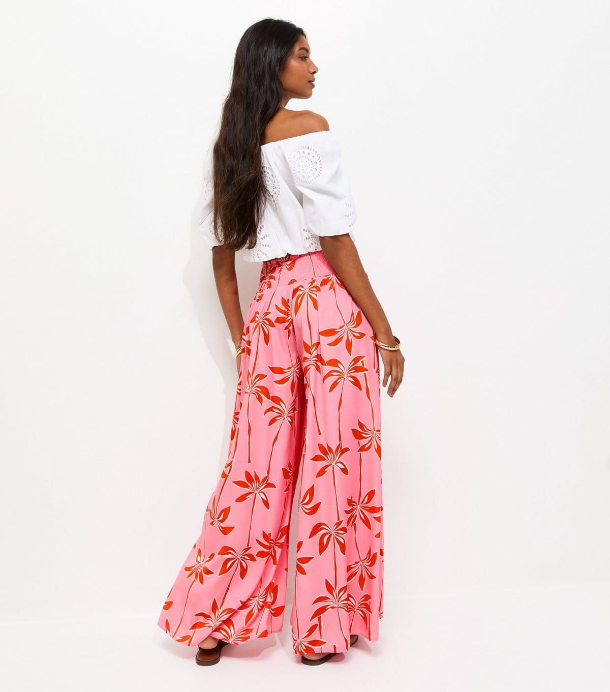 New Look Women's Pink Crepe Palm Tree Print Palazzo Trousers New Look - 4