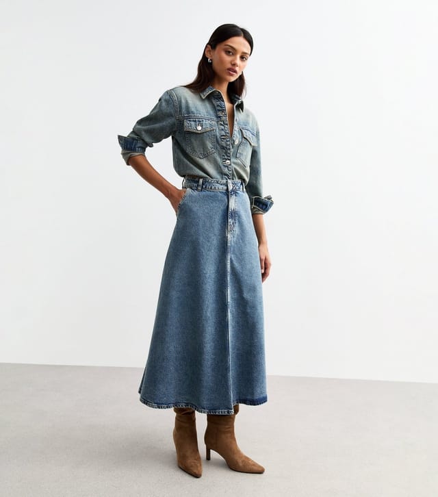 New Look Women's Blue Vintage Tint Midi Denim Skirt New Look - 3