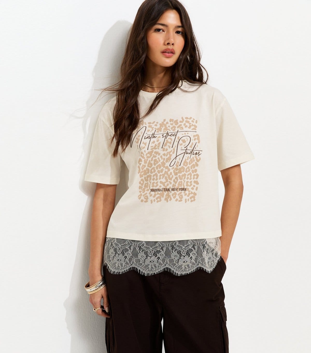New Look Cream Cotton Leopard Lace Trim T-Shirt