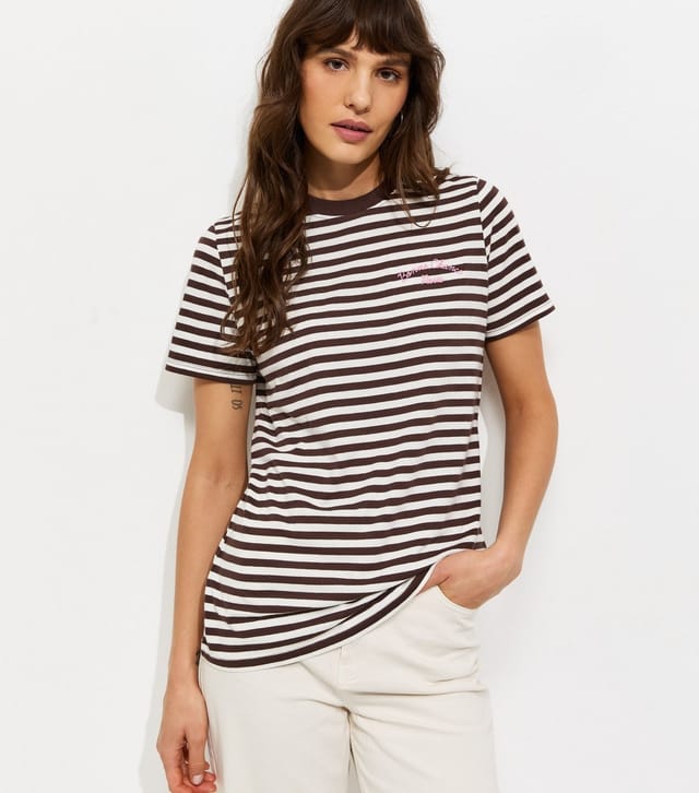 New Look Women's Tall Brown Cotton Striped Bonne Chance Embroidery T-Shirt New Look - 2