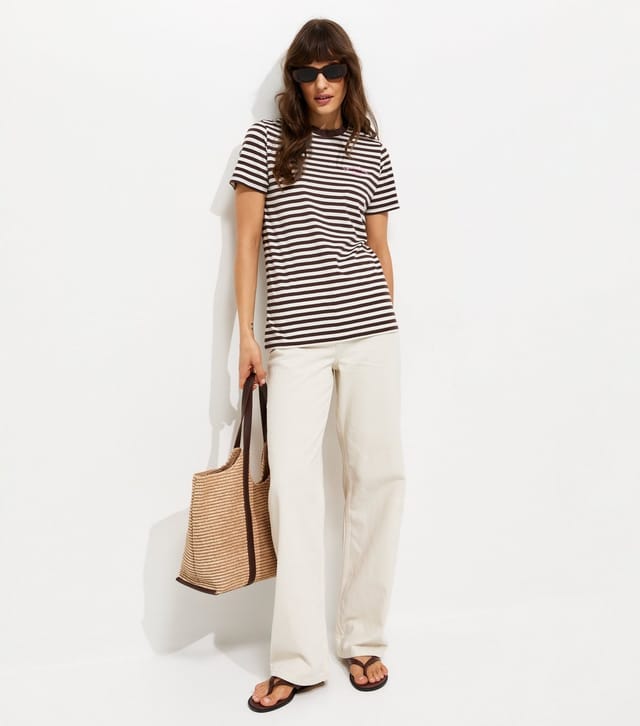 New Look Women's Tall Brown Cotton Striped Bonne Chance Embroidery T-Shirt New Look - 3