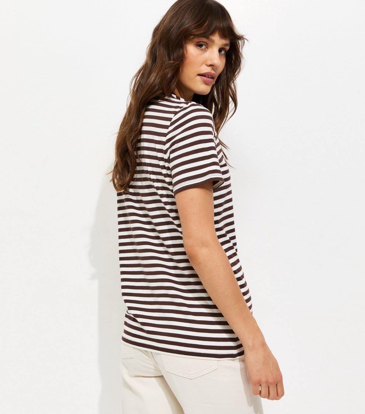 New Look Women's Tall Brown Cotton Striped Bonne Chance Embroidery T-Shirt New Look - 4