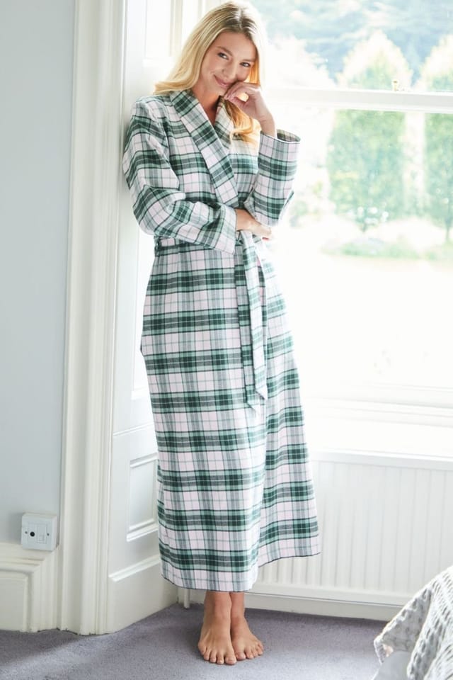 British Boxers British Boxers Women's "Burnet Rose" Tartan Brushed Cotton Dressing Gown in Baby Pink - 2