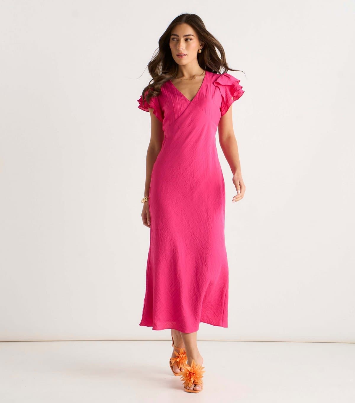 Gini London Women's Dark Pink V Neck Ruffle Midi Dress Gini London New Look