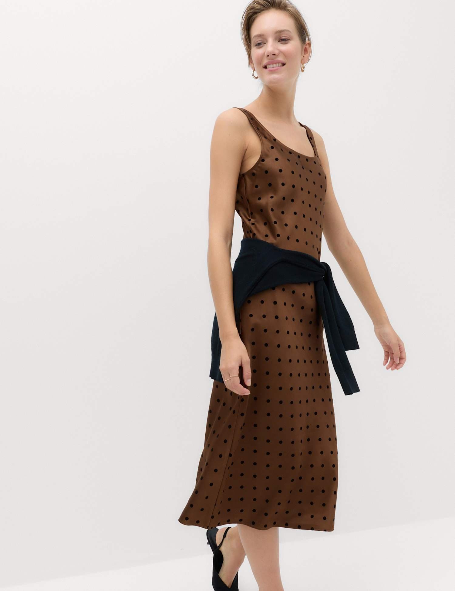 Marks & Spencer M&S Satin Polka Dot Flocked Midi Slip Dress Chocolate Mix