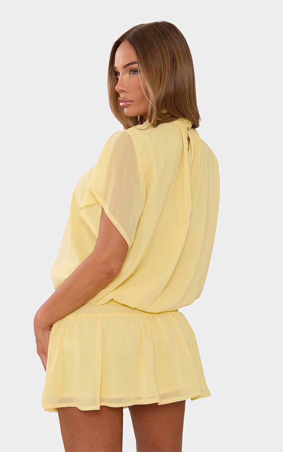 EGO Short Floaty Sleeve High Neck Frilled Hem Mini Dress In Lemon, Women's Size UK 6