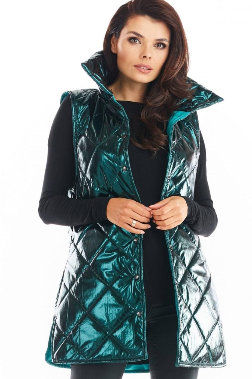 Love Lace Love Lace Women's Awama Quilted Autumn High Collar Button Vest in Green - 1