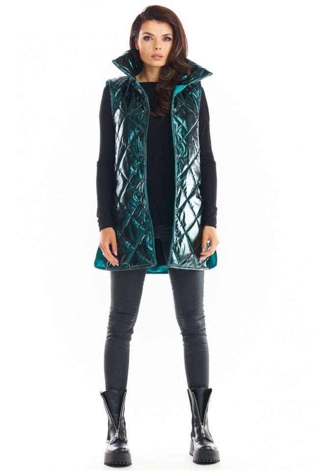 Love Lace Love Lace Women's Awama Quilted Autumn High Collar Button Vest in Green - 2