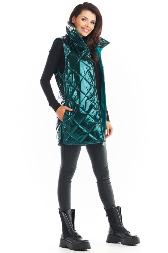 Love Lace Love Lace Women's Awama Quilted Autumn High Collar Button Vest in Green - 3