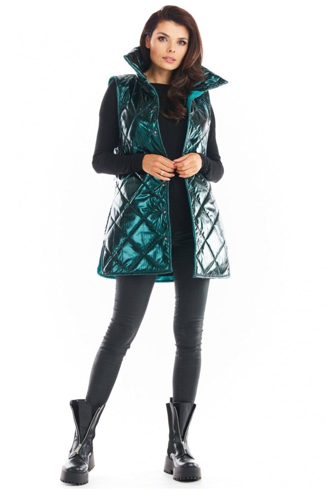 Love Lace Love Lace Women's Awama Quilted Autumn High Collar Button Vest in Green - 4