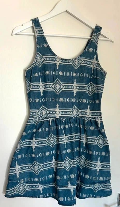 Topshop 🌸 Topshop Blue Aztec Print Denim Skater Dress Lace Up Back UK 8 Boho