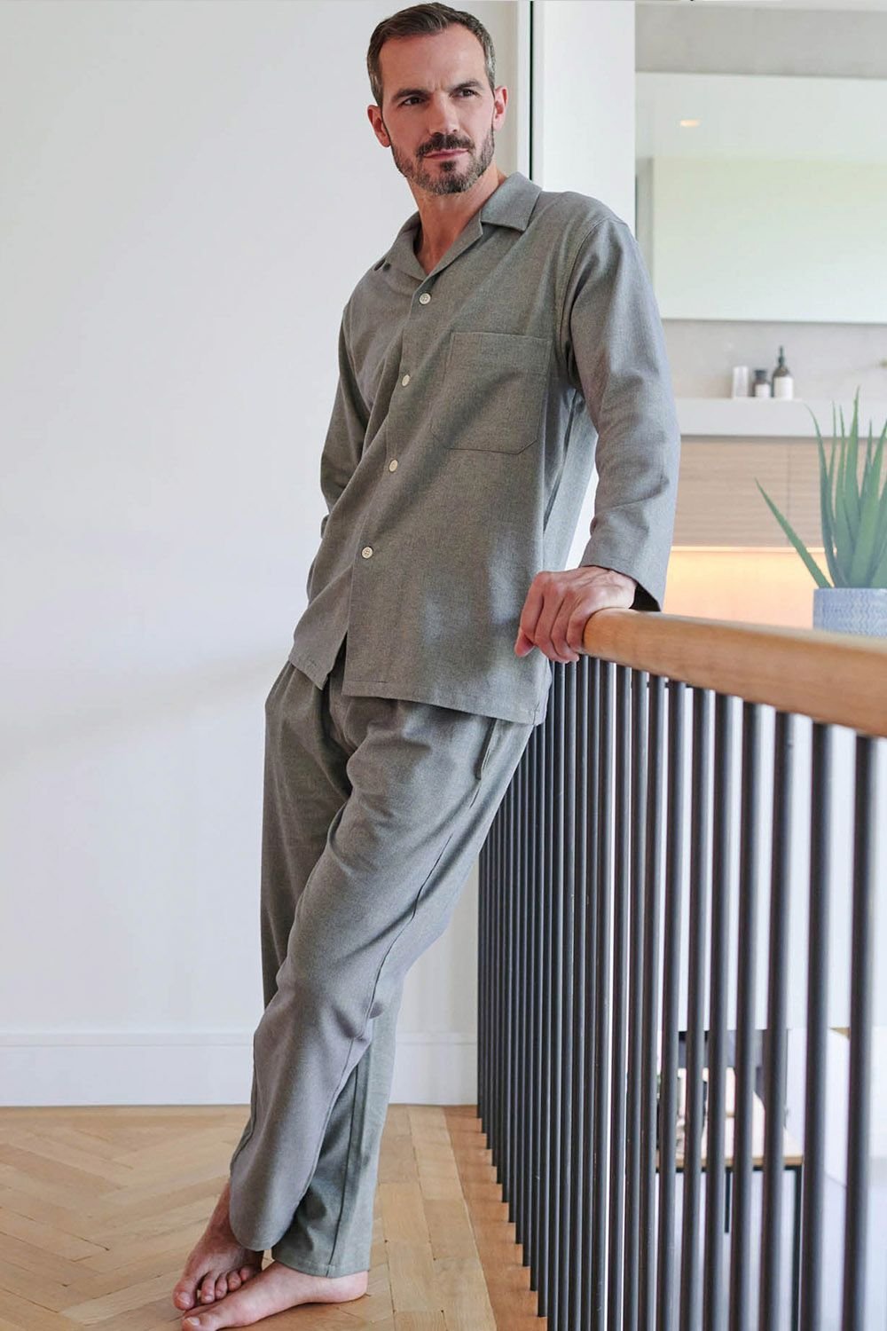 British Boxers British Boxers Men's "Orkney" Herringbone Brushed Cotton Pyjama Set in Pale Green - 2